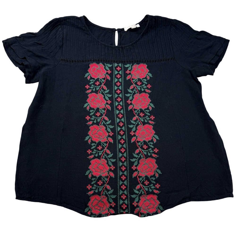 Skies Are Blue Top‎ Womens L Black Rose Embroidered Pintuck Rayon Blouse Boho